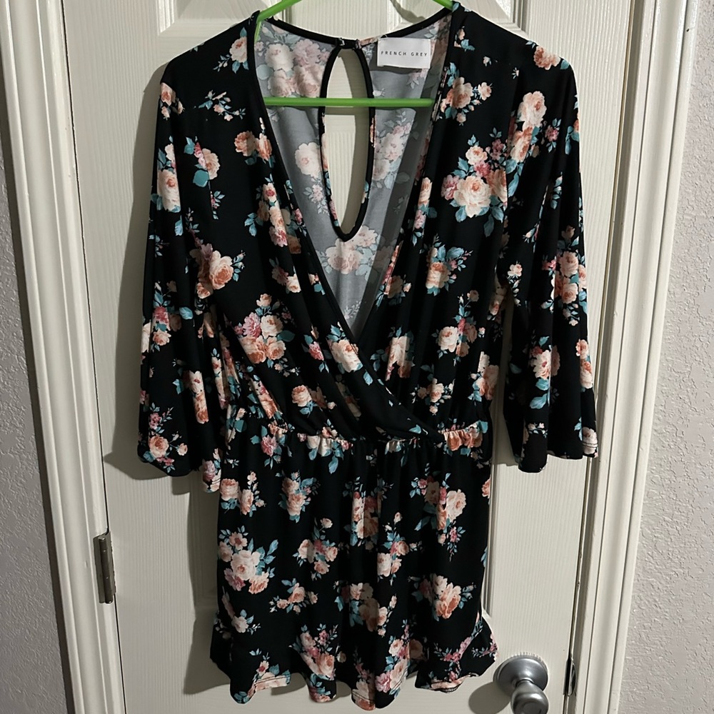 French Grey Romper black with blue and blush flowers
